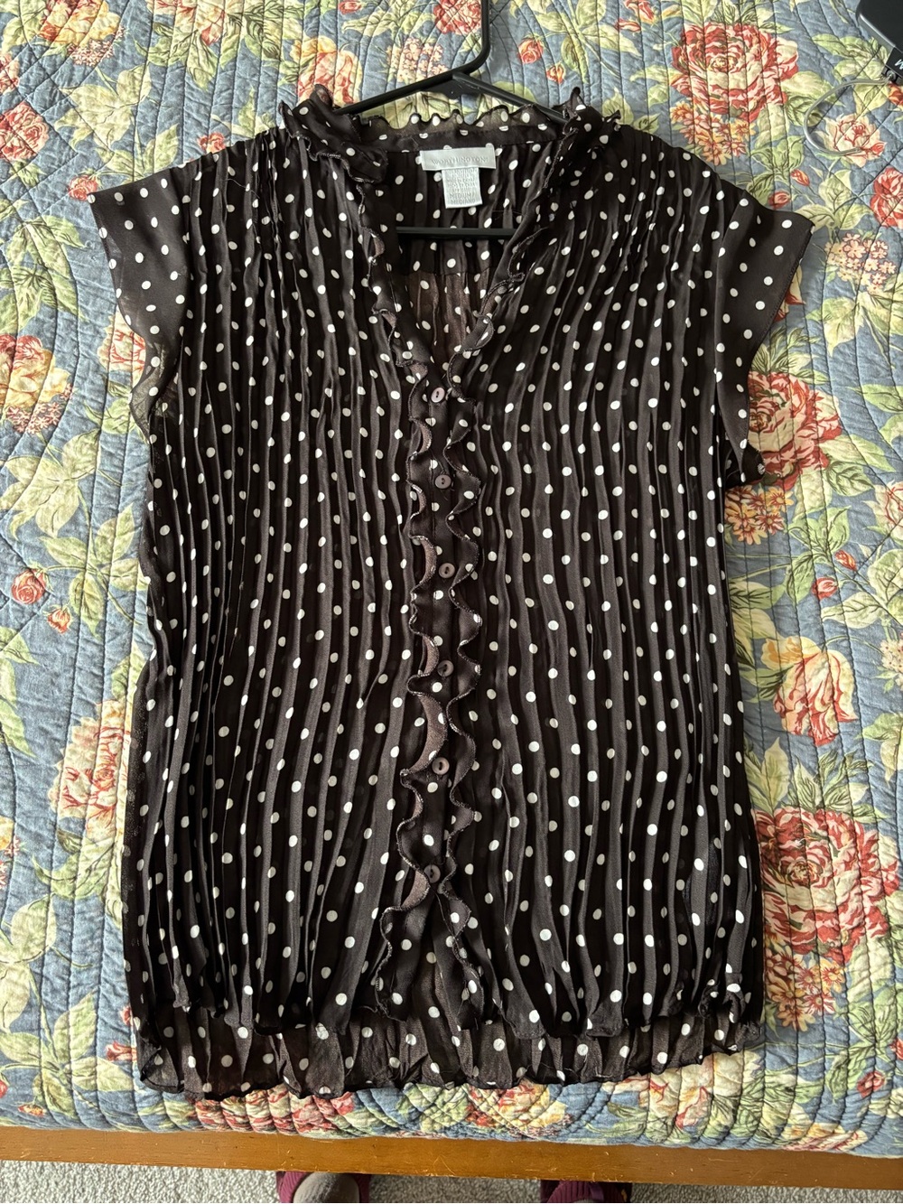 Worthington Women's Black Polka Dot Ruffle Front Blouse